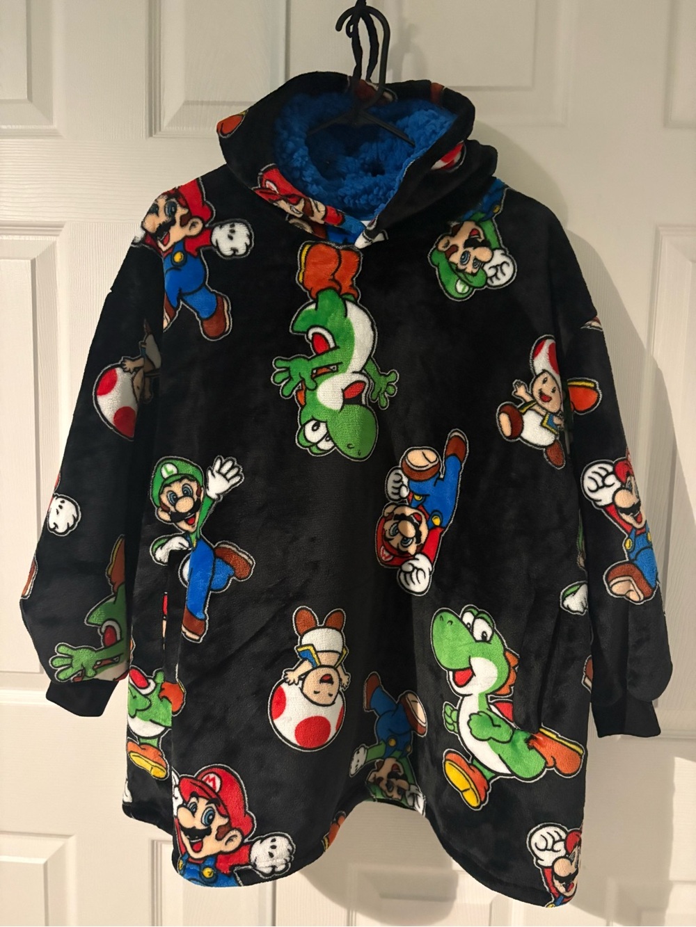 Nintendo Black Plush Hooded Pullover with Multicolor Mario Characters